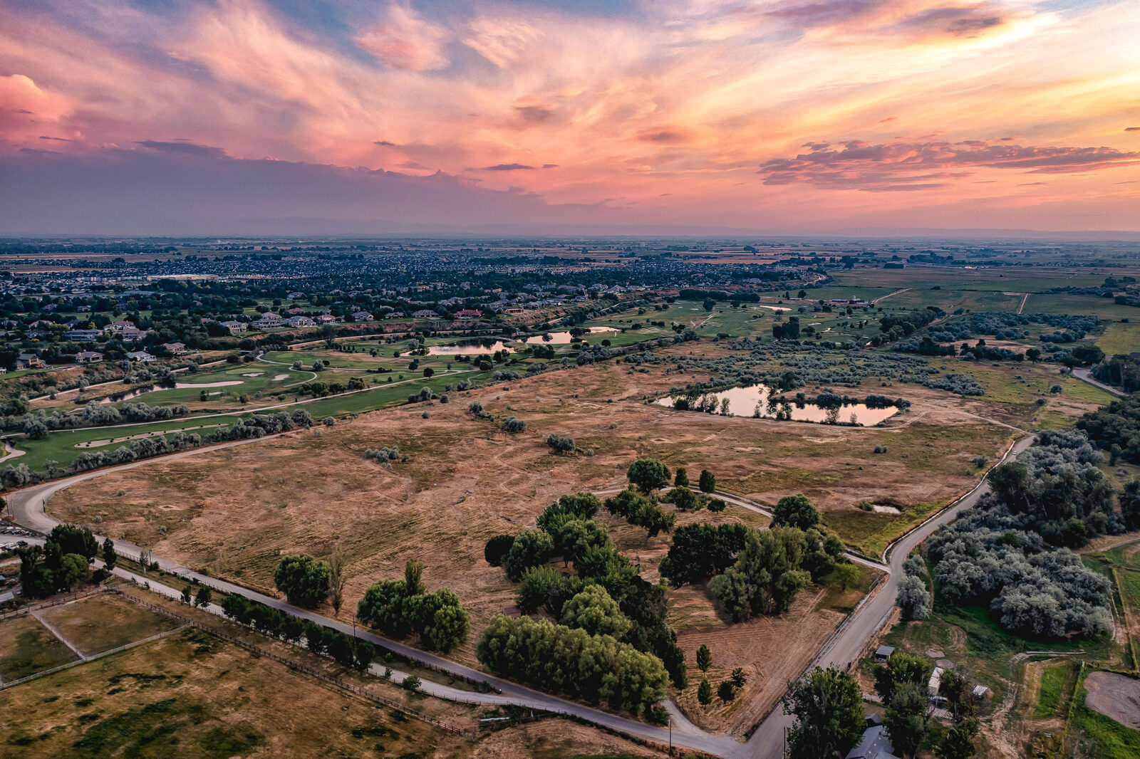 Spurwing Acres aerial at sunset